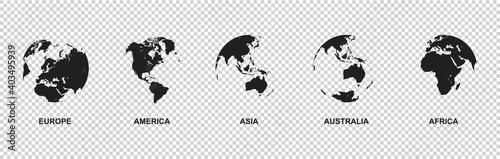 set of Earth globe icon with 5 hemispheres continents Europe America Asia Australia Africa. world map in globe shape isolated on transparent background. vector illustration