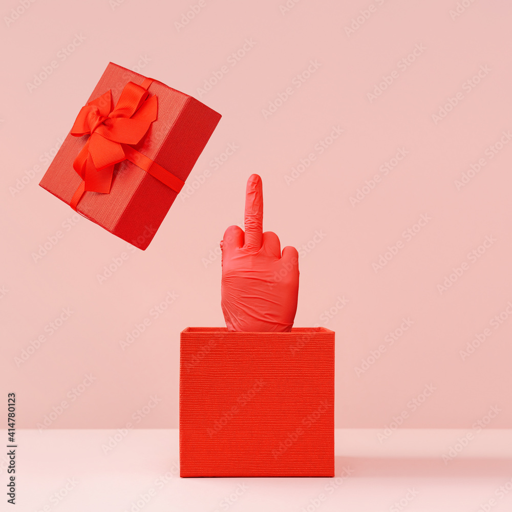 Red Gift Box With Open Lid And Fuck You Or Fuck Off Gesture Out Of The