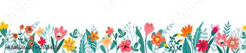Cute horizontal banner with hand drawn blooming flowers. Floral seamless patterns border. Vector illustration on white background