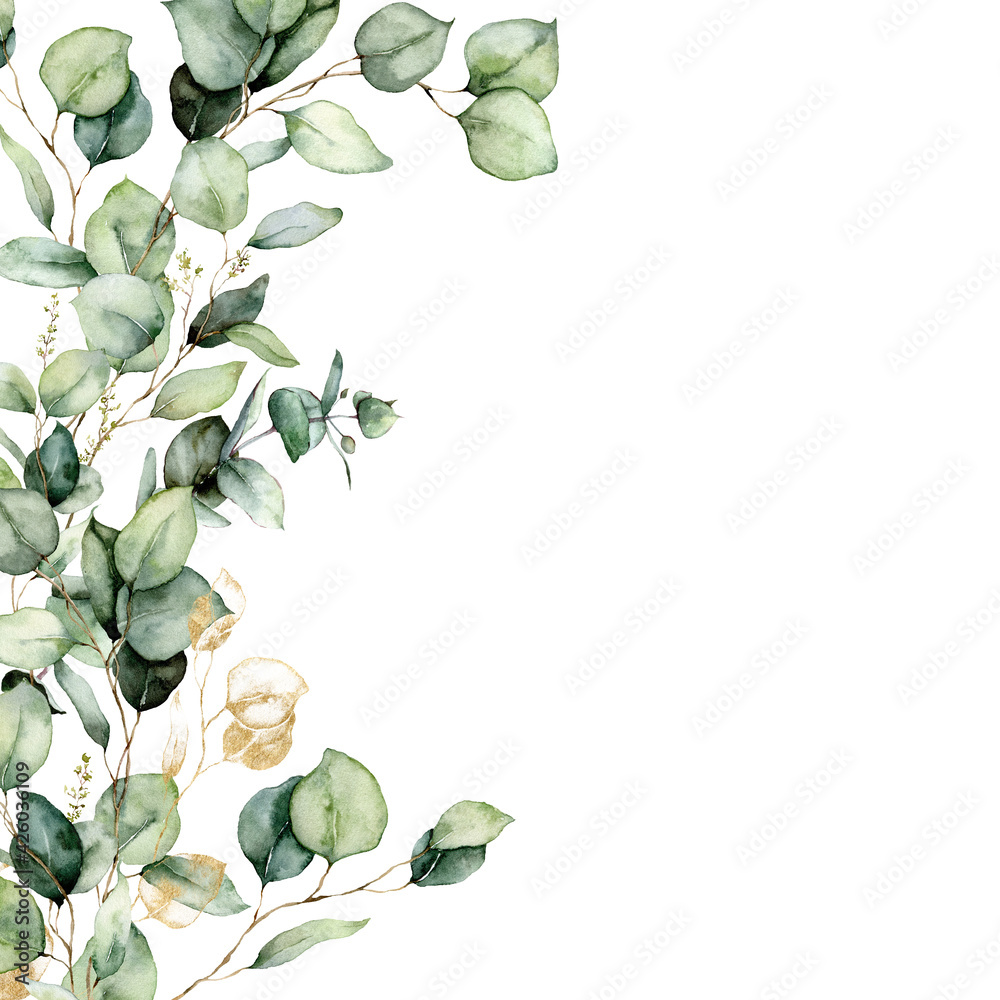 Watercolor Border Of Green And Gold Eucalyptus Branches Hand Painted