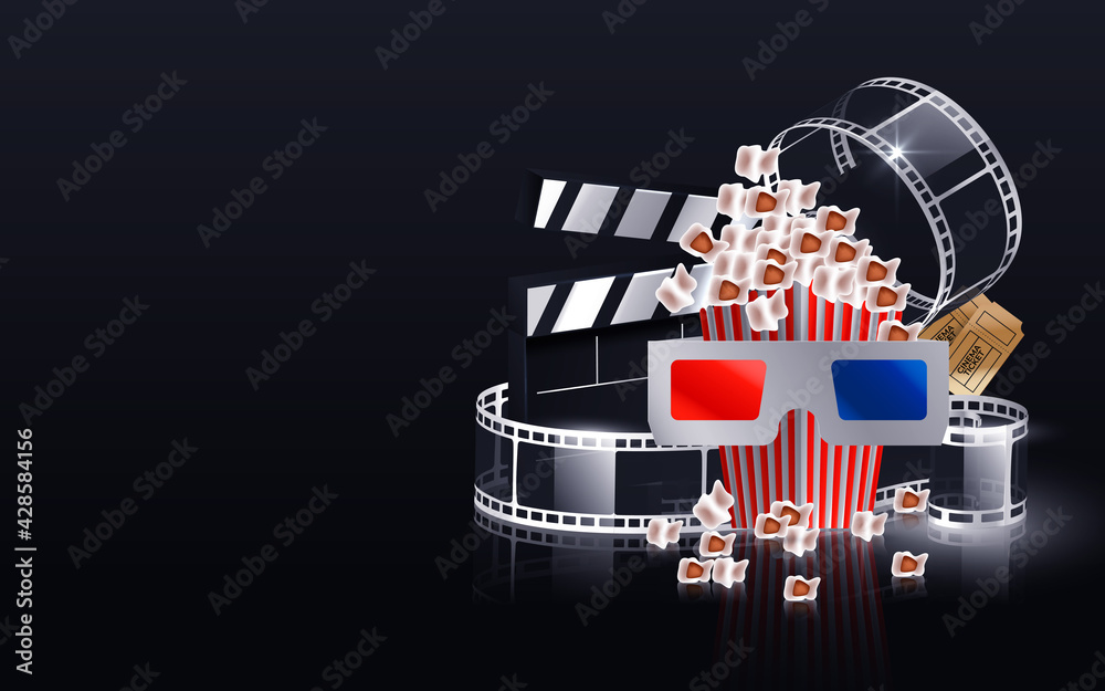 Cinema Film Strip Wave Film Reel And Clapper Board Isolated On Dark