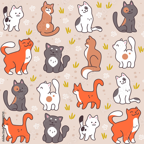 Seamless pattern with cute little cat silhouettes isolated on white background. Vector cartoon flat illustration. For nursery decor, wrapping paper, packaging design.