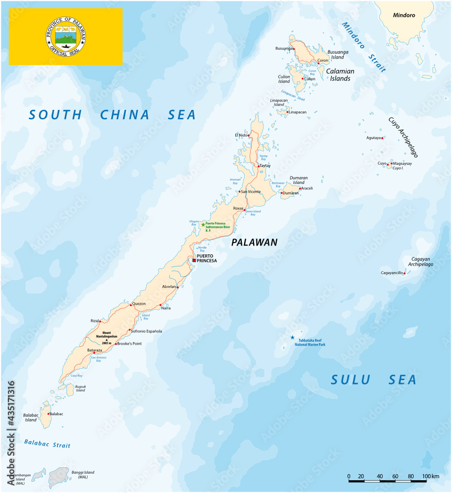 Vector Map Of West Philippine Island Of Palawan With Flag Stock Vector