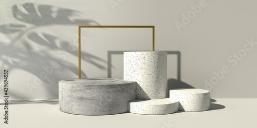 3D render of minimal podiums and geometric shapes with shadow of the tropical plants