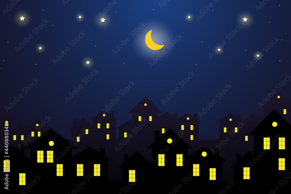 Illustration Of A Night City Night Sky With Moon With House