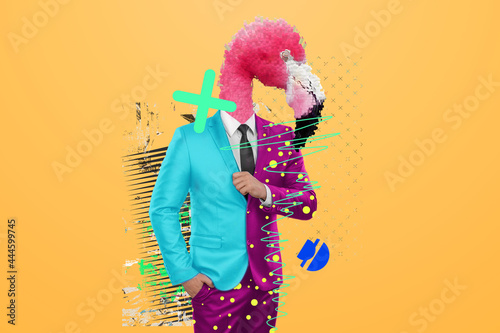Modern design, a human body in a bright business suit with a flamingo head, confidence. Bright trendy colors, shocking art, style for a magazine, fashionable web design. copy the space.
