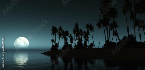 Tropical beach with palm trees at night under the moon, silhouettes of palm trees against the background of the moon above the water, 3D rendering