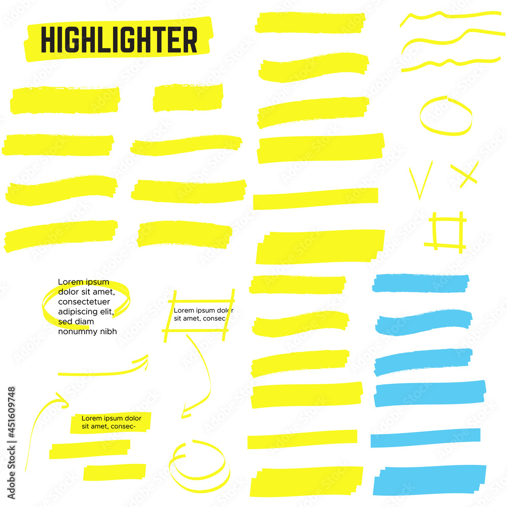 Vector Highlighter Elements Yellow Marker Text Selection Stock Vector