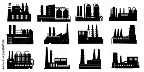 Black factories. Buildings silhouettes with pipes. Industry production and power plants. Chemical equipment and manufacturing construction. Vector industrial architecture signs set