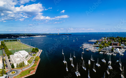 Aerial drone of Severn River, Annapolis, Maryland with sailboats and yacht 

