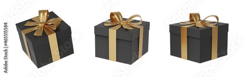 Christmas gift black box tied with gold ribbon. Birthday gift box on white background. Happy celebration present. Black firday week gift box set. 3D rendering