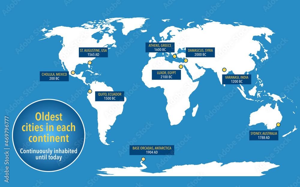 World Map With The Oldest Continuously Inhabited Cities In Each