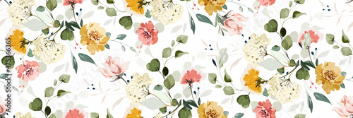 botanical floral seamless pattern with roses, herbs and leaves. Background with flowers