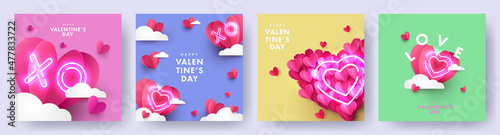 Romantic creative set of Happy Valentine's Day cards. Realistic 3d origami paper hearts over clouds. Heart shaped and XO neon symbols. Festive banner, sale poster, social media or promo templates.