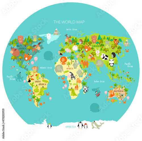 Print. Map of the world with cartoon animals for kids. Eurasia, South America, North America, Australia and Africa. 