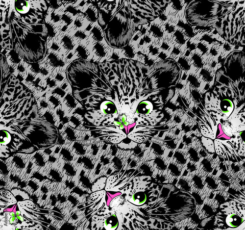 Cute little leopard cub face seamless pattern. Hand drawn vector illustration.