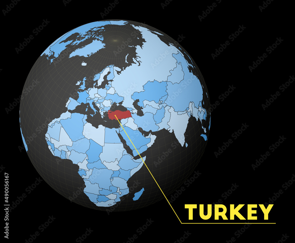 Turkey On Dark Globe With Blue World Map Red Country Highlighted