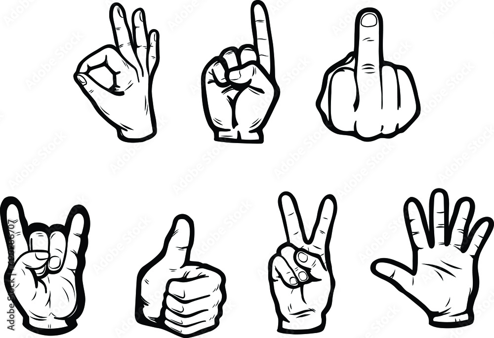 A Set Of Hand Gestures Simple Outline Icons No Fill Thumbs Up Victory Palm Middle Finger One
