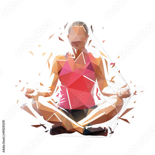 Woman sitting and meditating. Zen meditation. Low polygonal isolated vector illustration, geometric yoga logo from triangles. Front view