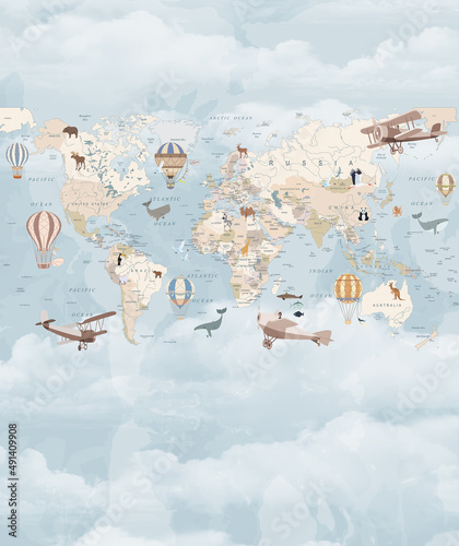 Children's map of the world in English. Detailed world map with the names of countries and capitals, with animals, airplanes and balloons. Children's educational photo wallpaper with the world map on 