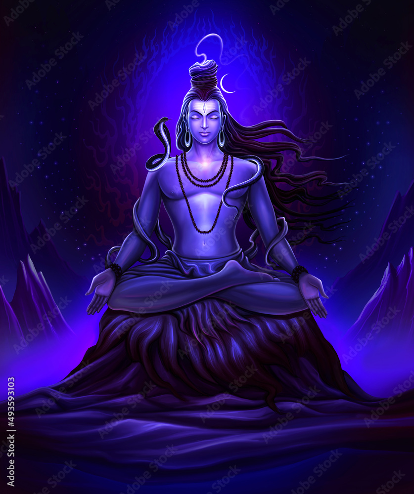 Lord Shiva Hindu God Meditating On The Rocks Of Himalaya Stock