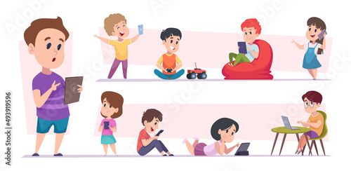 Smart kids with gadgets. Young teenager playing and studying using smartphones pc tablets and laptop addiction electronic devices exact vector cartoon illustration