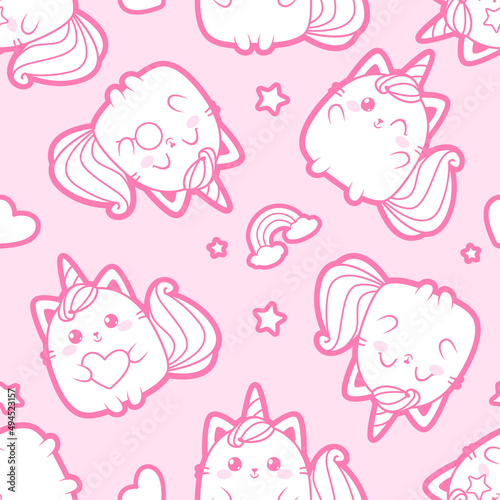 Cute Baby Cat Caticorn or Kitten Unicorn - pink vector seamless pattern. Kawaii Cat Unicorn with lollipop. Isolated vector illustration for kids design prints, posters, t-shirts, stickers