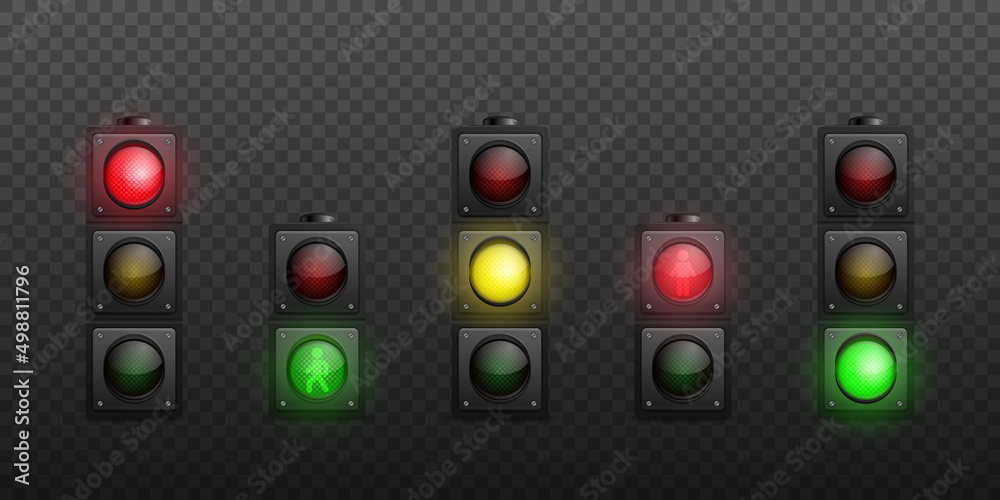 Vector 3d Realistic Detailed Road Turned On Traffic Light Icon Set