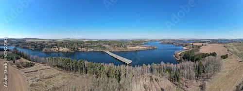 abandoned and unfinished highway bridges ending in the middle of a floded dam.Mosty protektorátní dálnice. Czech republic, Europe panorama view