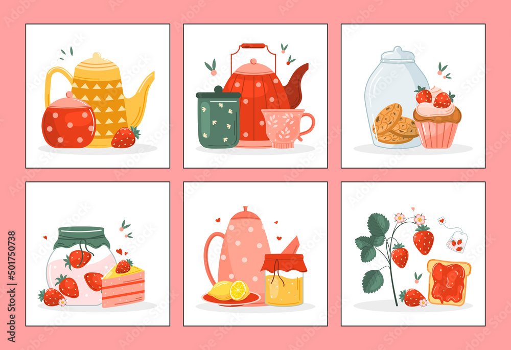 Tea Time Cute Set Set Of Cute Cards Cups Jam Sugar Tea Bag Cake Teapot Strawberry Hot