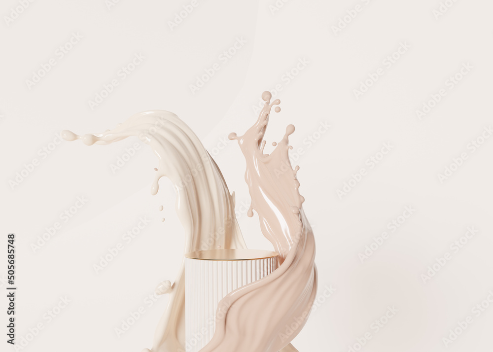 D Beige Pedestal Podium With Liquid Foundation Splash Swirl On Studio Background Nude Cream