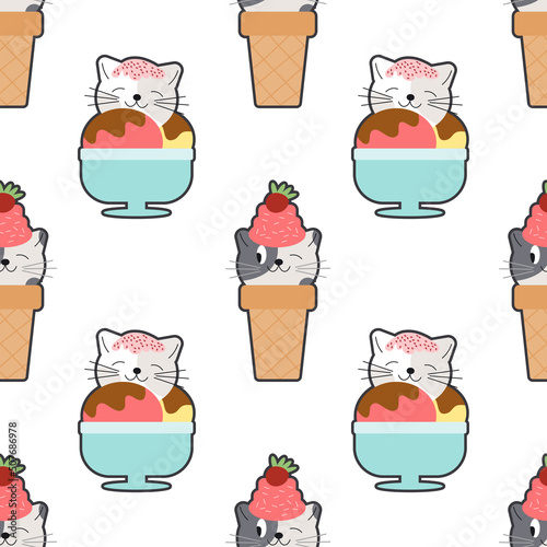 Cute cat vector with sweet ice cream cone cartoon Kawaii animal Pastel color kid food dessert bakery product fabulous fashion child decoration cafe shop, Invitation post, t-shirt EPS