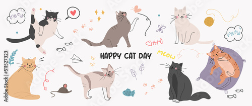 Cute cats and funny kitten doodle vector set. Happy international cat day characters design collection with flat color in different poses. Set of adorable pet animals isolated on white background.