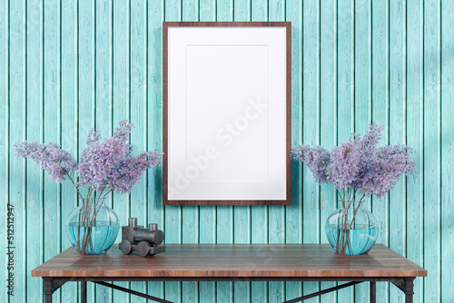 3d rendered picture frame mockup on a wooden shelf toy train and glass flower vase.