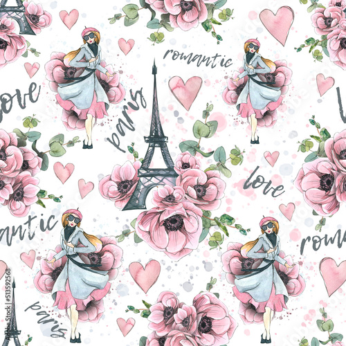 Eiffel Tower and Parisian woman in anemone flowers with pink hearts and inscriptions. Watercolor illustration in sketch style with graphic elements. Seamless pattern from a large set of PARIS.