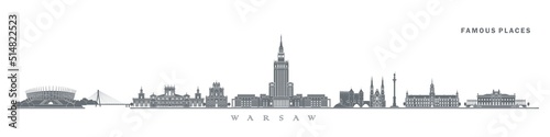 Silhouette skyline of warsaw isolated on white background, poland