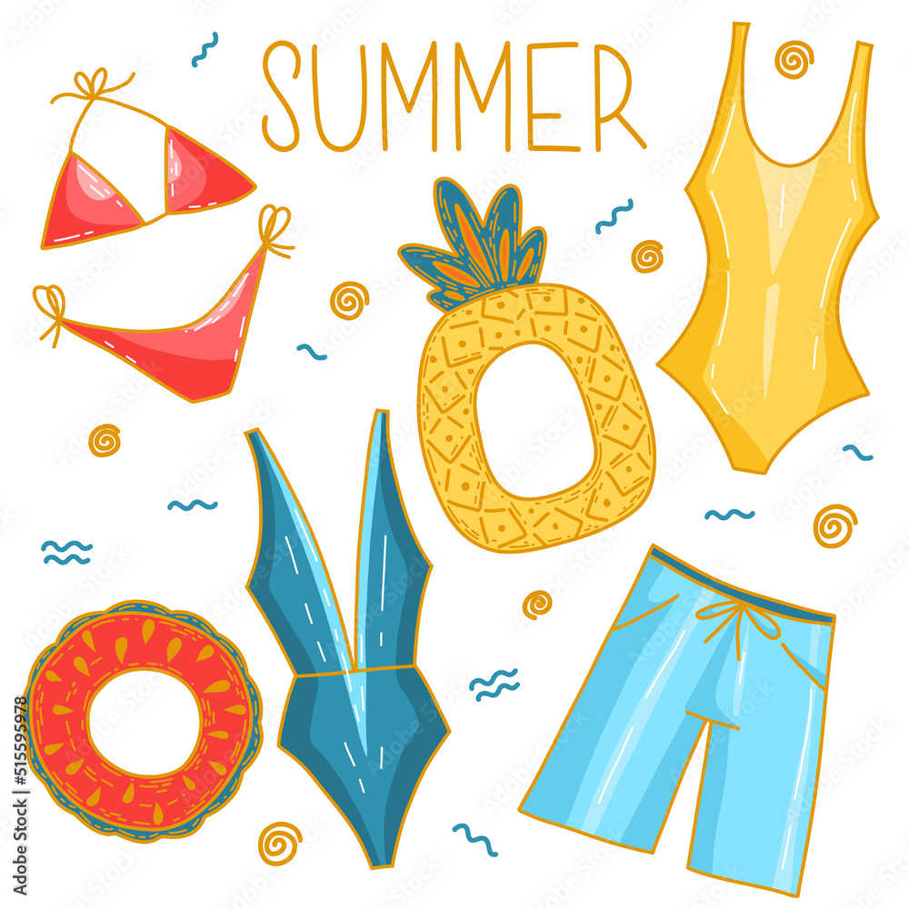 Vector Set Of Cartoon Doodle Swimsuits And Bikini Underwear Elements