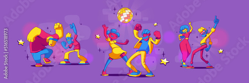 People dance and have fun on disco party. Vector set illustration in contemporary cartoon style with funny male and female characters, happy persons celebrating holiday together and dancing in club