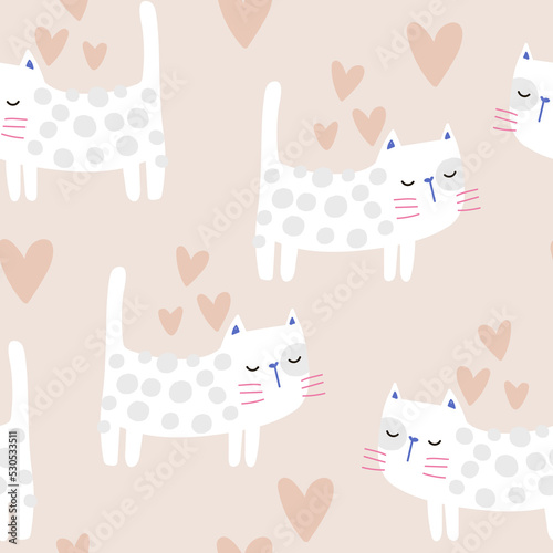 Seamless childish pattern with cute hand drawn cats and hearts. Creative kids hand drawn texture for fabric, wrapping, textile, wallpaper, apparel. Vector illustration