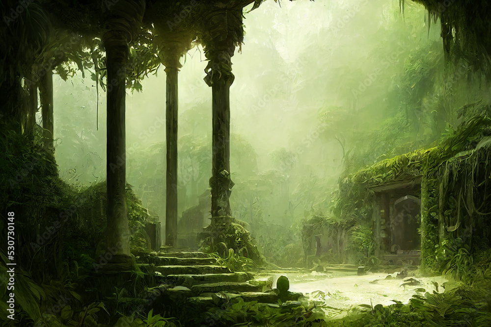 Ruined Hidden Temple Overgrown In The Middle Of The Jungle Concept Art