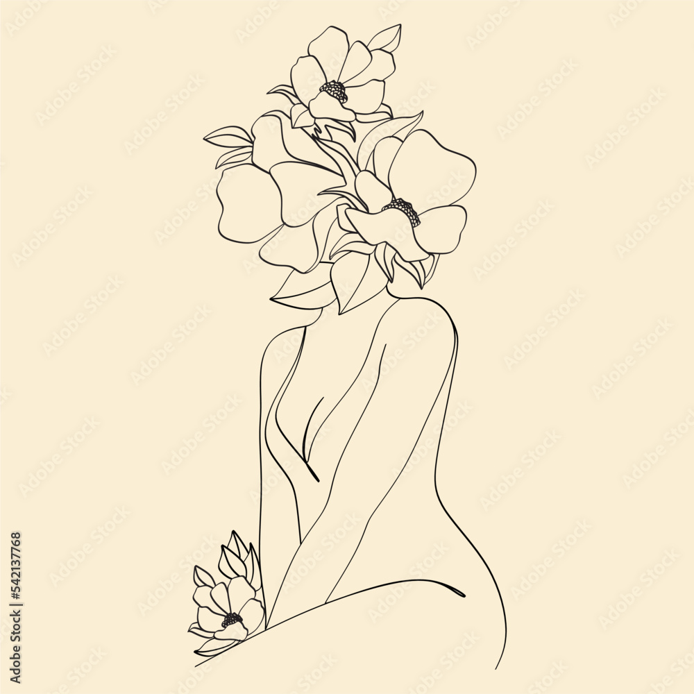 Trendy Abstract One Line Woman Body With Flowers And Leaves Girl