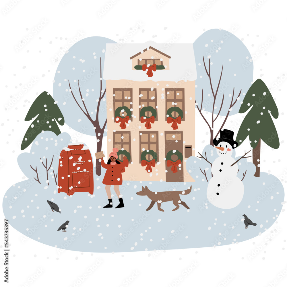 Christmas City Illustration Winter Scene Clipart Girl Sending The