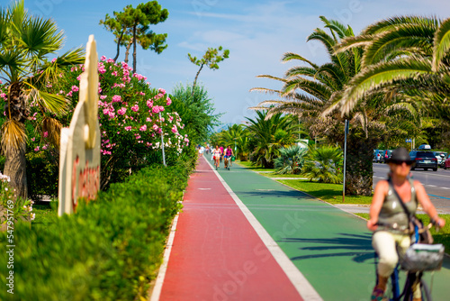 Droga rowerowa  wśród zieleni palm i kolorowych kwiatów w Kurortowym miejscu we Włoszech
