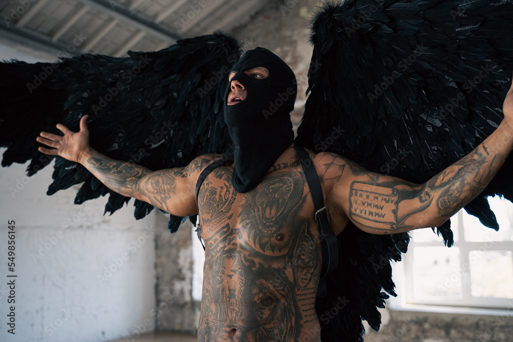 Male Angel With Black Wings Black Angel In A Mask Muscular Shirtless