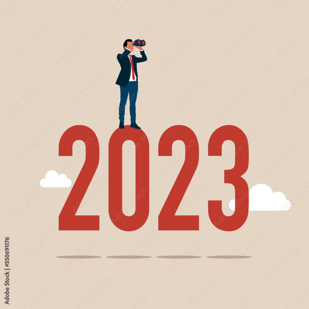 Man Look Through Binoculars On Year 2023 Year 2023 Outlook New