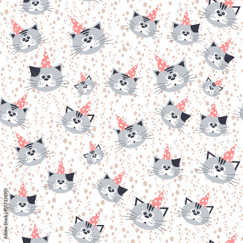 Cartoon cats seamless pattern in pastel colors. Kids design. Seamless pattern with small cat snouts on a coloured background. Great for fabric, wrapping paper, background, etc