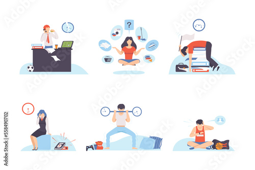Stressed business people working overtime at deadline set. Office workers rushing to do work on time flat vector illustration