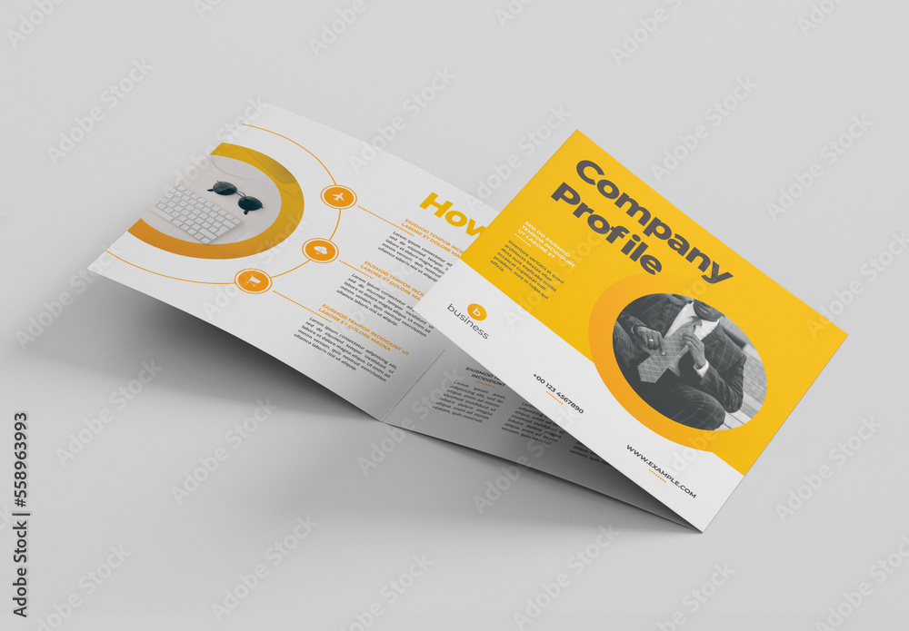 Square Trifold Brochure Layout With Yellow Accents Stock Template