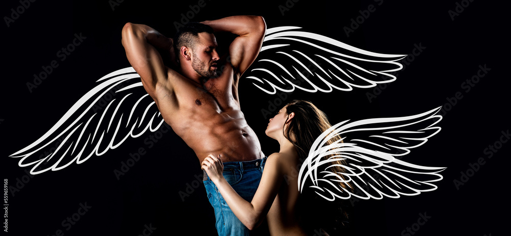 Angels Couple Valentines Day Photo Banner Sexy Muscular Naked Man And