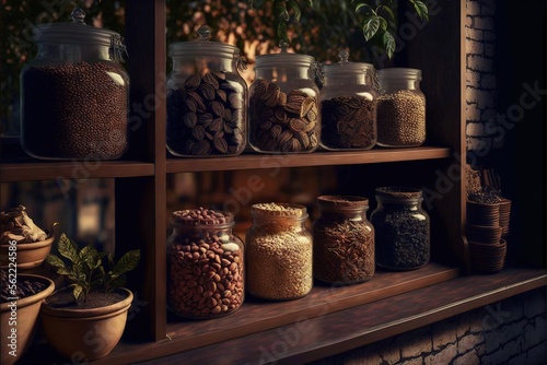  a shelf filled with jars filled with different types of nuts and seeds next to potted plants and a brick wall behind it with a window behind it and a brick wall behind it,. Generative AI